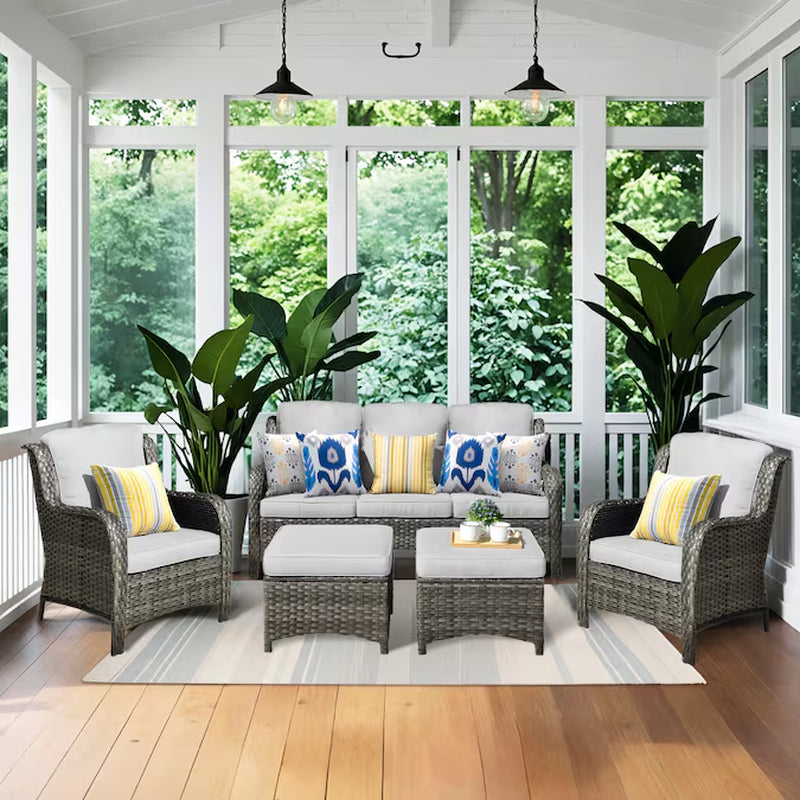 5 -Piece Wicker Patio Sofa Conversation Set with Gray Cushions