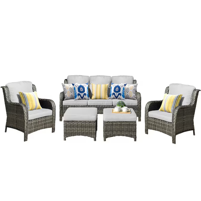 5 -Piece Wicker Patio Sofa Conversation Set with Gray Cushions