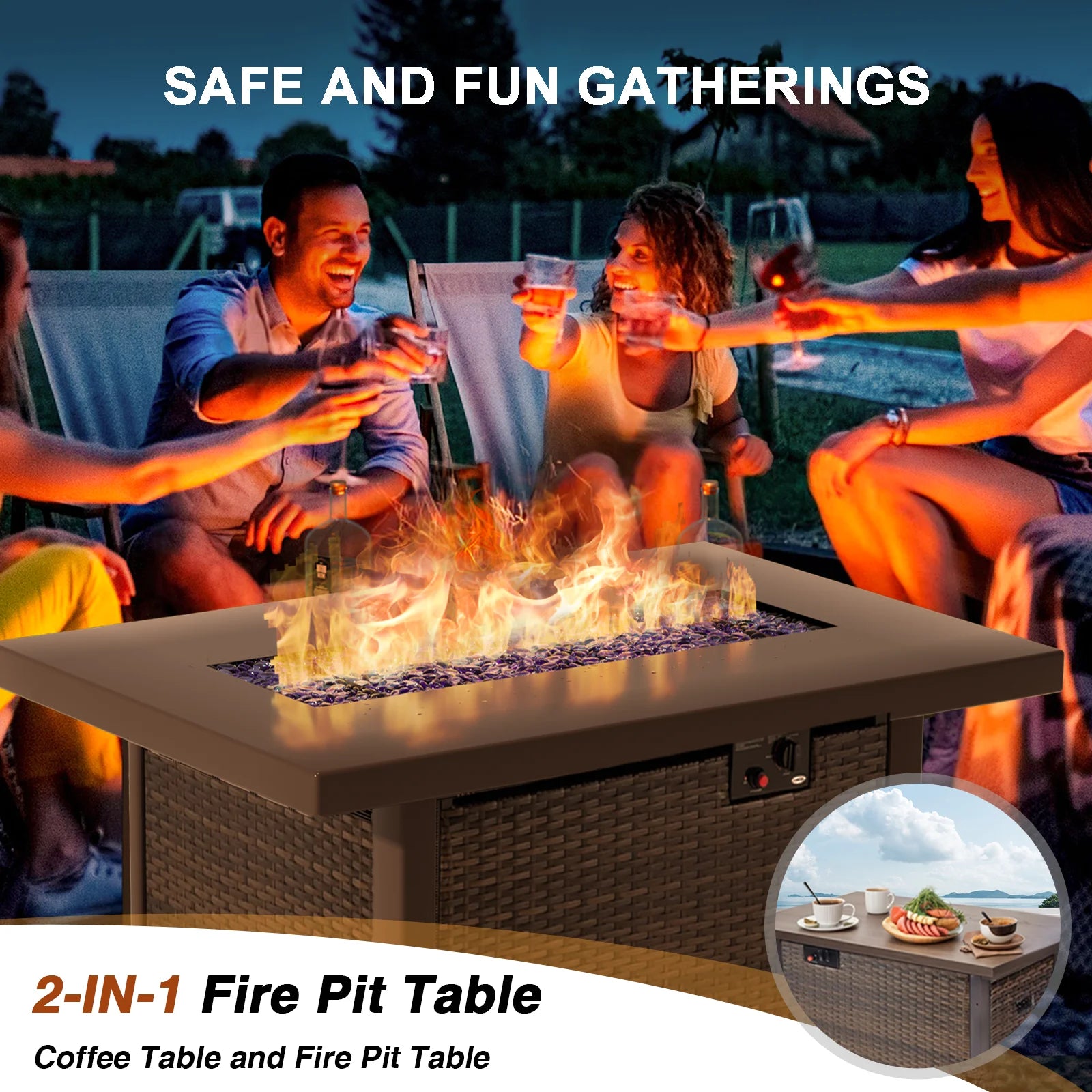 9 Piece Patio Furniture Set with Fire Pit Table, All Weather Outdoor Sectional PE Rattan, Patio Conversation Sets with Cushions and Glass Coffee Table for Garden Lawn Balcony, Grey