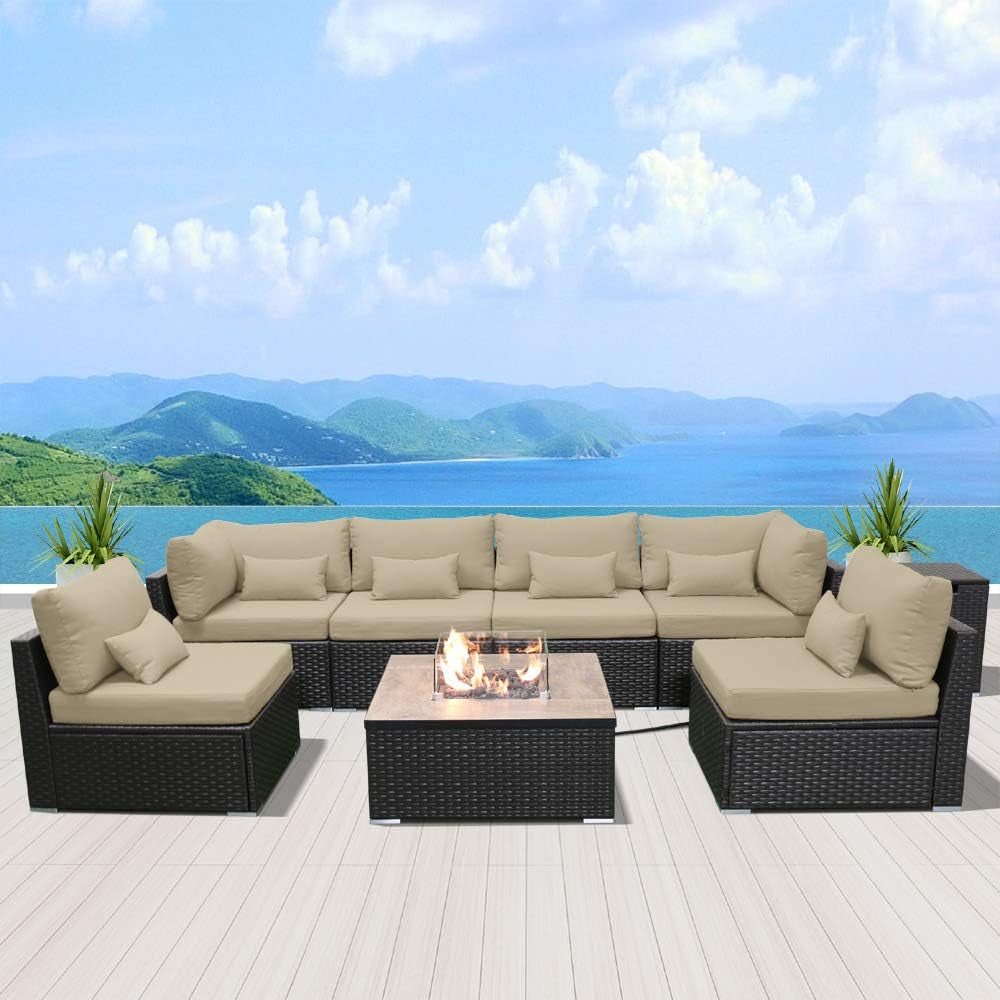 Outdoor Patio Furniture Set Wicker Rattan Patio Conversation Set with Fire Pit Table Sectional Sofa Set Seating Furniture with Thickened Cushion (Light Beige - Square Fire Pit Table)