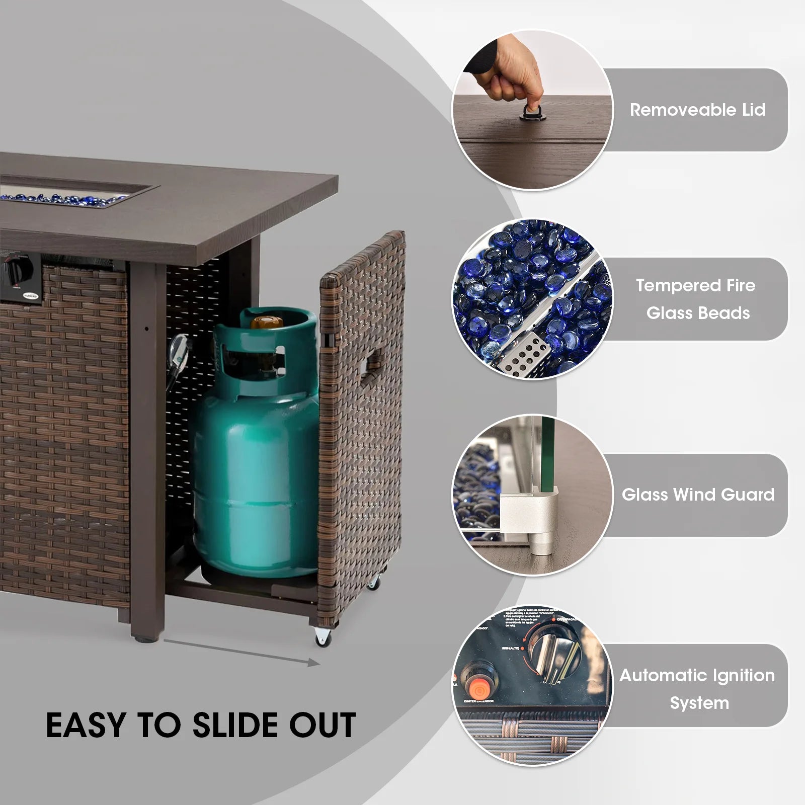 9 Piece Patio Furniture Set with Fire Pit Table, All Weather Outdoor Sectional PE Rattan, Patio Conversation Sets with Cushions and Glass Coffee Table for Garden Lawn Balcony, Grey