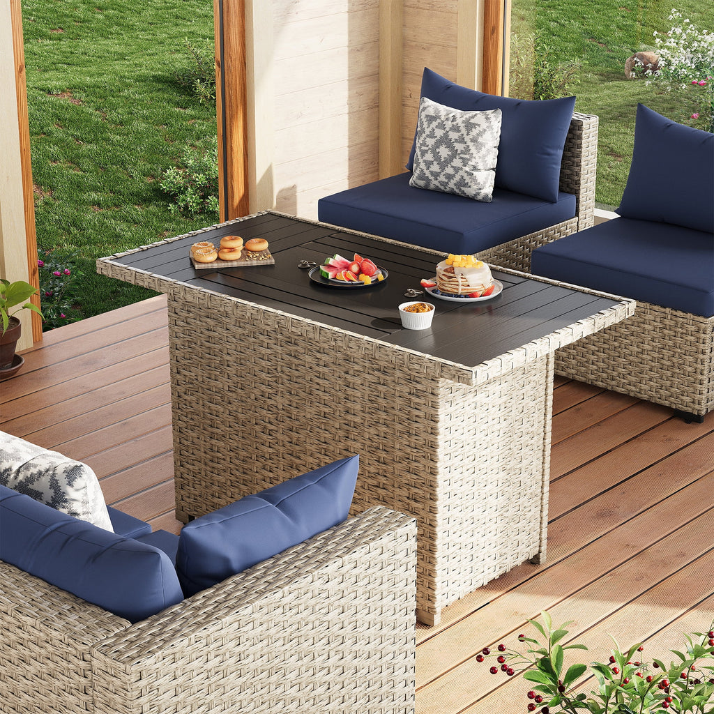 6 Pieces Patio Conversation Set with Firepit, Outdoor Sectional PE Rattan Wicker Furniture Seat,Navy