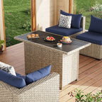 6 Pieces Patio Conversation Set with Firepit, Outdoor Sectional PE Rattan Wicker Furniture Seat,Navy