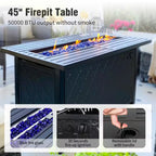 Black Metal Meshed 7 Seat 6-Piece Steel Outdoor Fire Pit Patio Set with Beige Cushions, Black Rectangular Fire Pit Table