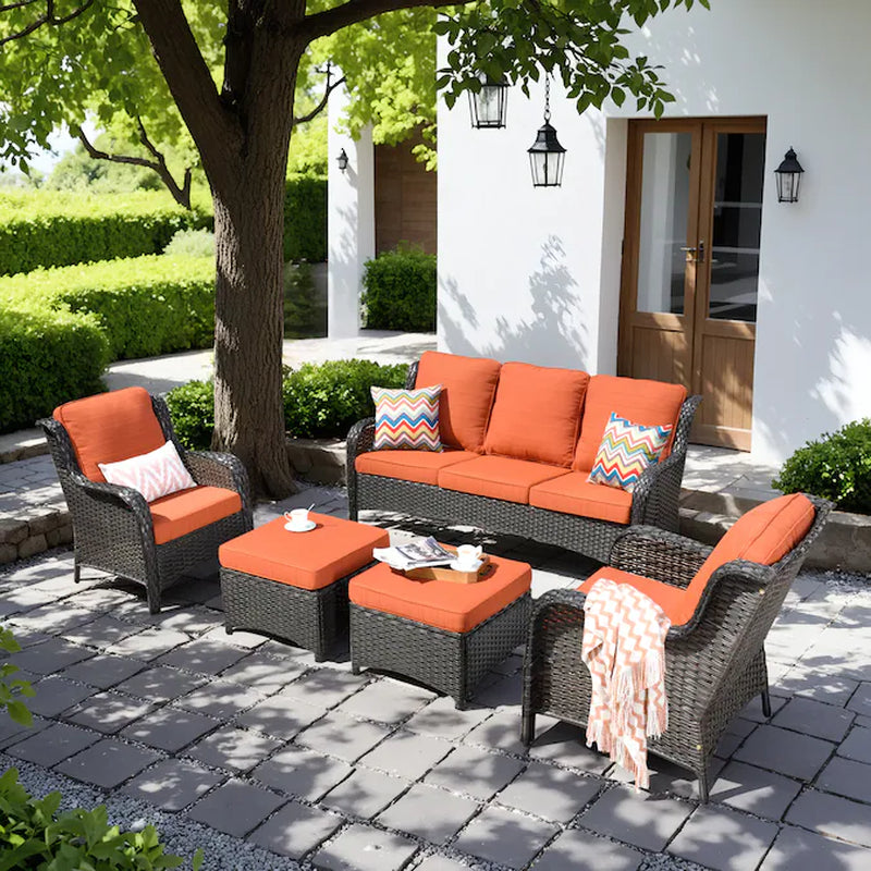 5 -Piece Wicker Patio Sofa Conversation Set with Gray Cushions