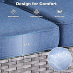 Joyoung Gray 7-Piece Wicker Patio Rectangle Fire Pit Conversation Set with Denim Blue Cushions and Swivel Chairs