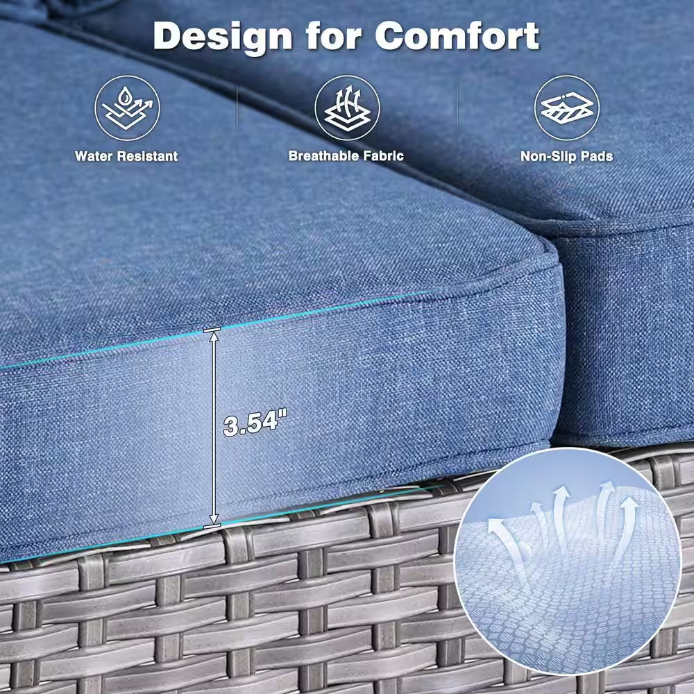 Joyoung Gray 7-Piece Wicker Patio Rectangle Fire Pit Conversation Set with Denim Blue Cushions and Swivel Chairs