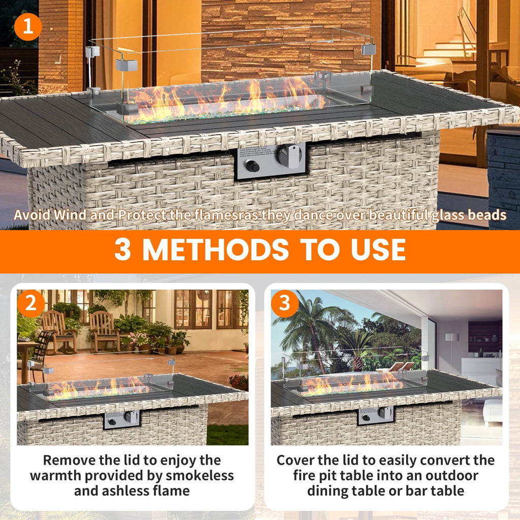 6 Pieces Patio Conversation Set with Firepit, Outdoor Sectional PE Rattan Wicker Furniture Seat,Navy