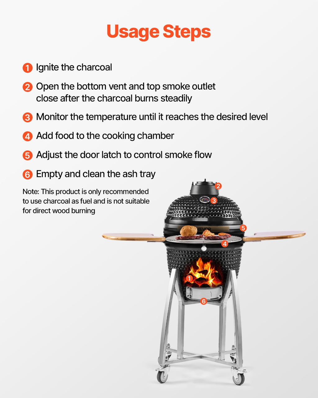 VEVOR Charcoal Grill and Smoker Ceramic BBQ Smokers with 4 Wheels & Thermometer