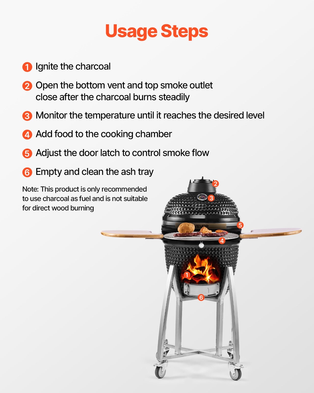 VEVOR Charcoal Grill and Smoker Ceramic BBQ Smokers with 4 Wheels & Thermometer