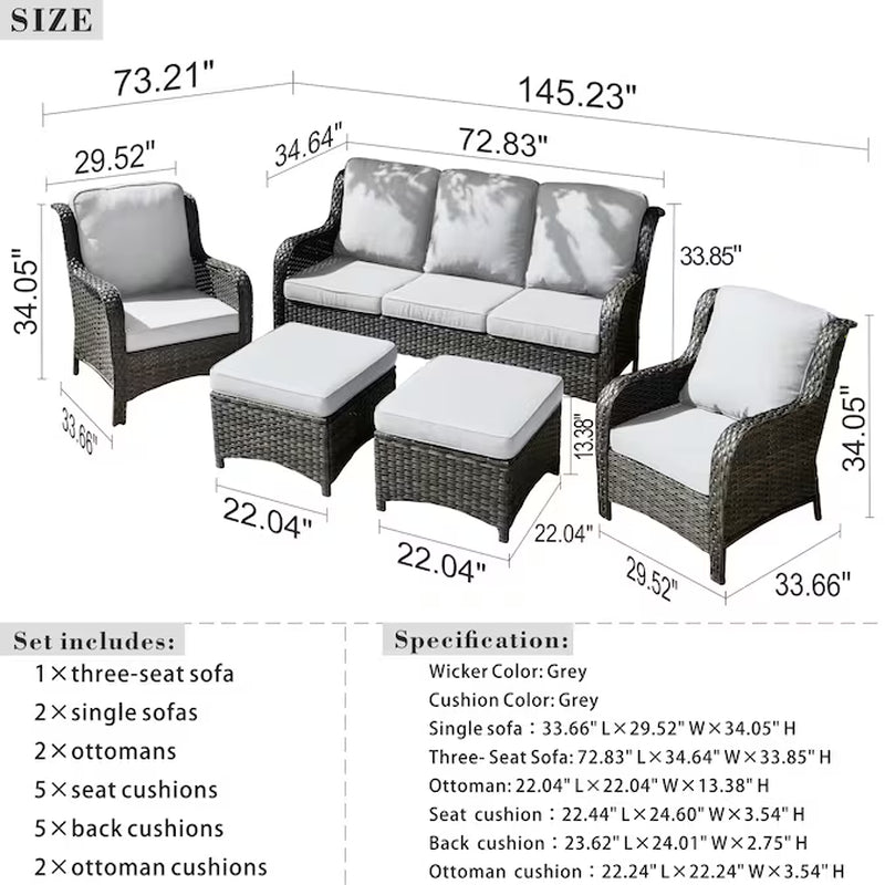5 -Piece Wicker Patio Sofa Conversation Set with Gray Cushions