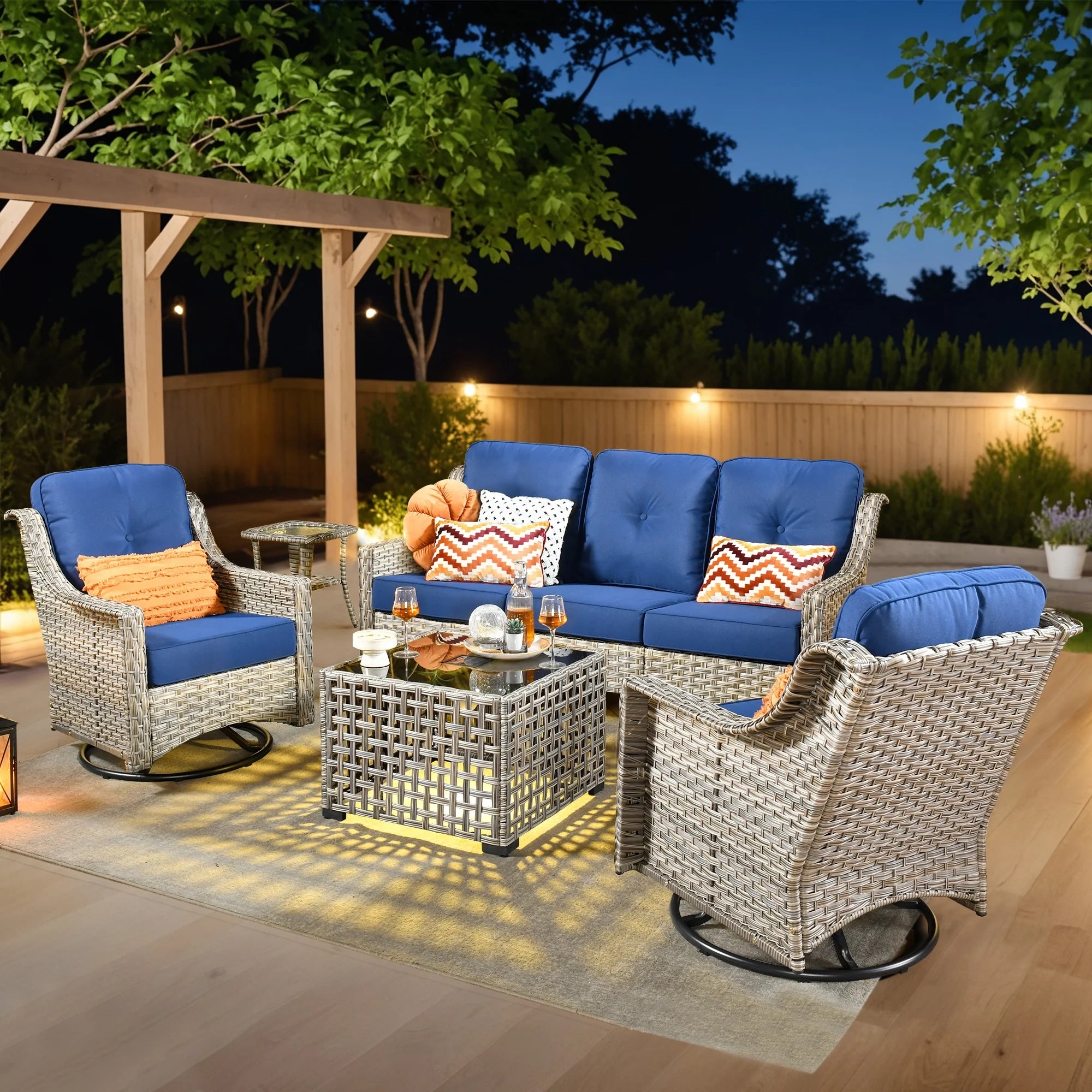 5 Pieces Outdoor Patio Furniture Set High-Back Rattan Wicker Conversation Set Outdoor Sectional with Swivel Chairs & Solar Light Coffee Table, Navy Blue