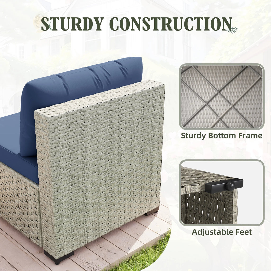 6 Pieces Patio Conversation Set with Firepit, Outdoor Sectional PE Rattan Wicker Furniture Seat,Navy