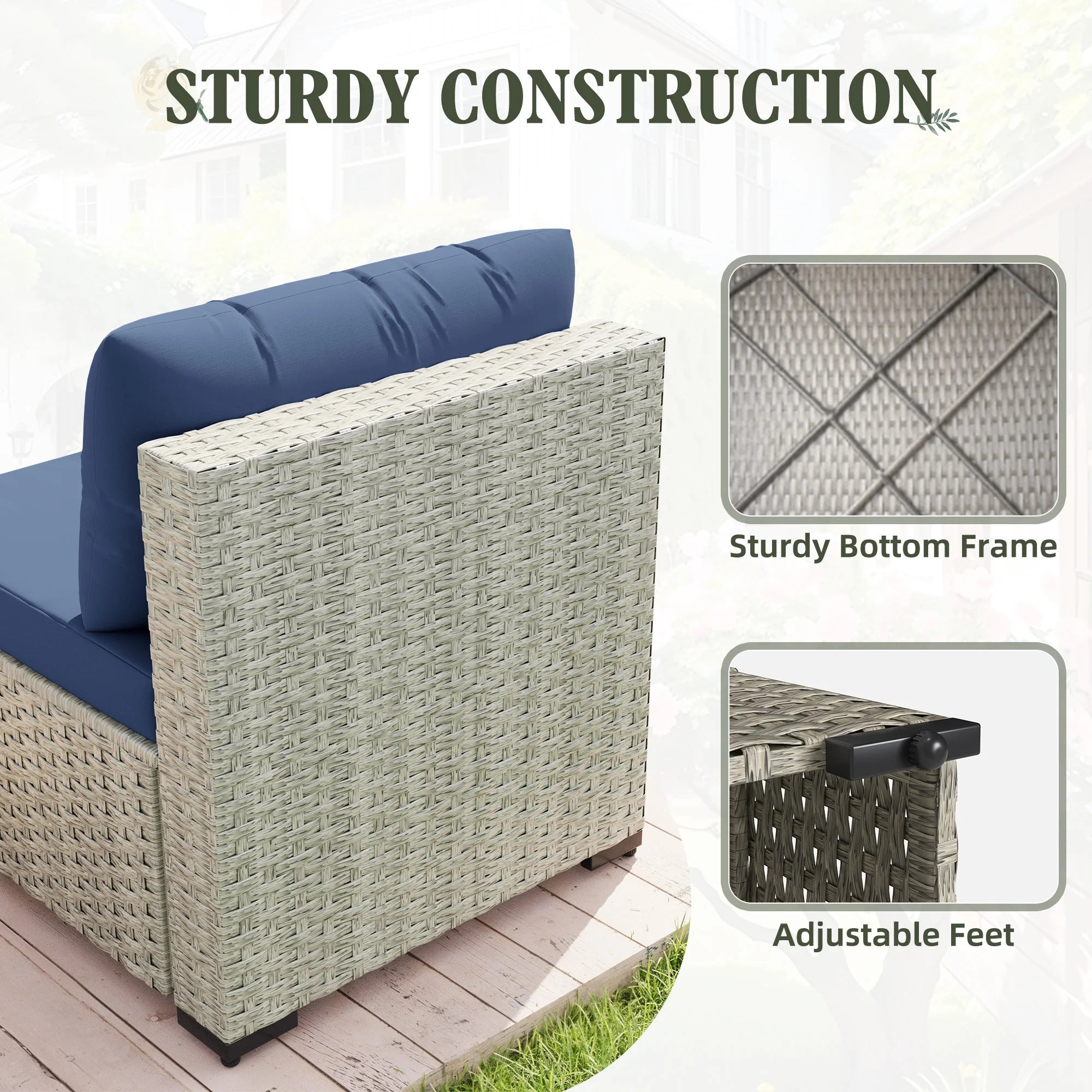 6 Pieces Patio Conversation Set with Firepit, Outdoor Sectional PE Rattan Wicker Furniture Seat,Navy