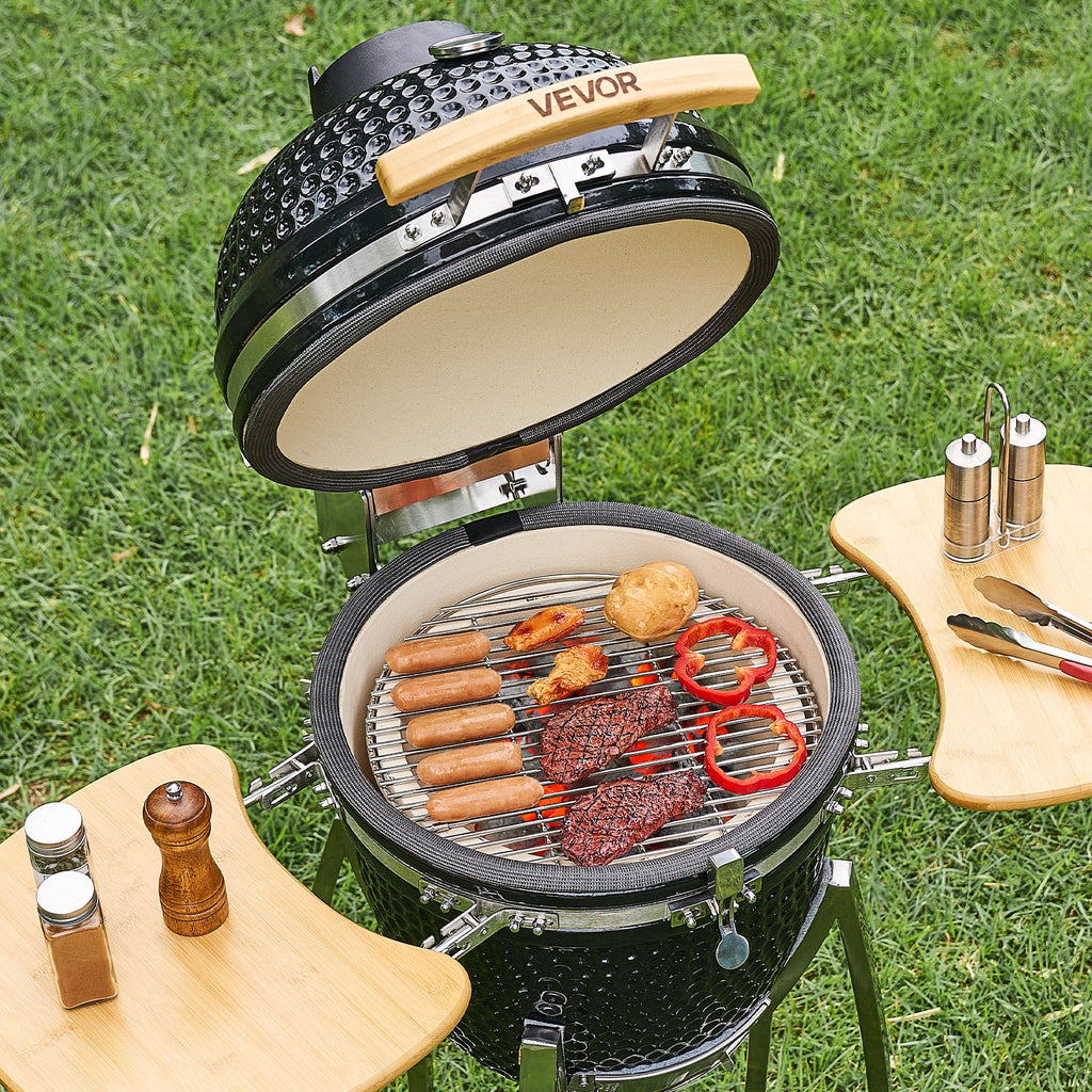 VEVOR Charcoal Grill and Smoker Ceramic BBQ Smokers with 4 Wheels & Thermometer