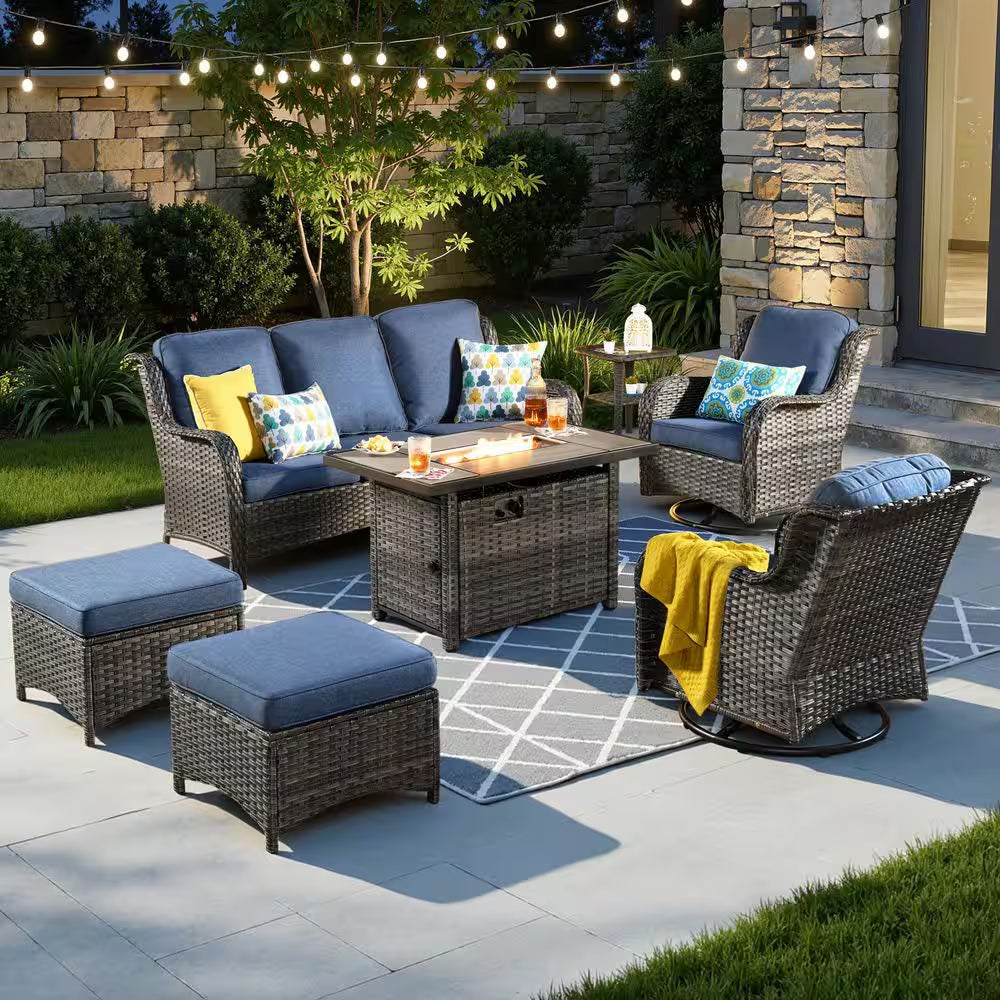 Joyoung Gray 7-Piece Wicker Patio Rectangle Fire Pit Conversation Set with Denim Blue Cushions and Swivel Chairs