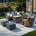 Joyoung Gray 7-Piece Wicker Patio Rectangle Fire Pit Conversation Set with Denim Blue Cushions and Swivel Chairs