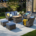 Joyoung Gray 7-Piece Wicker Patio Rectangle Fire Pit Conversation Set with Denim Blue Cushions and Swivel Chairs