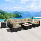 Outdoor Patio Furniture Set Wicker Rattan Patio Conversation Set with Fire Pit Table Sectional Sofa Set Seating Furniture with Thickened Cushion (Light Beige - Square Fire Pit Table)