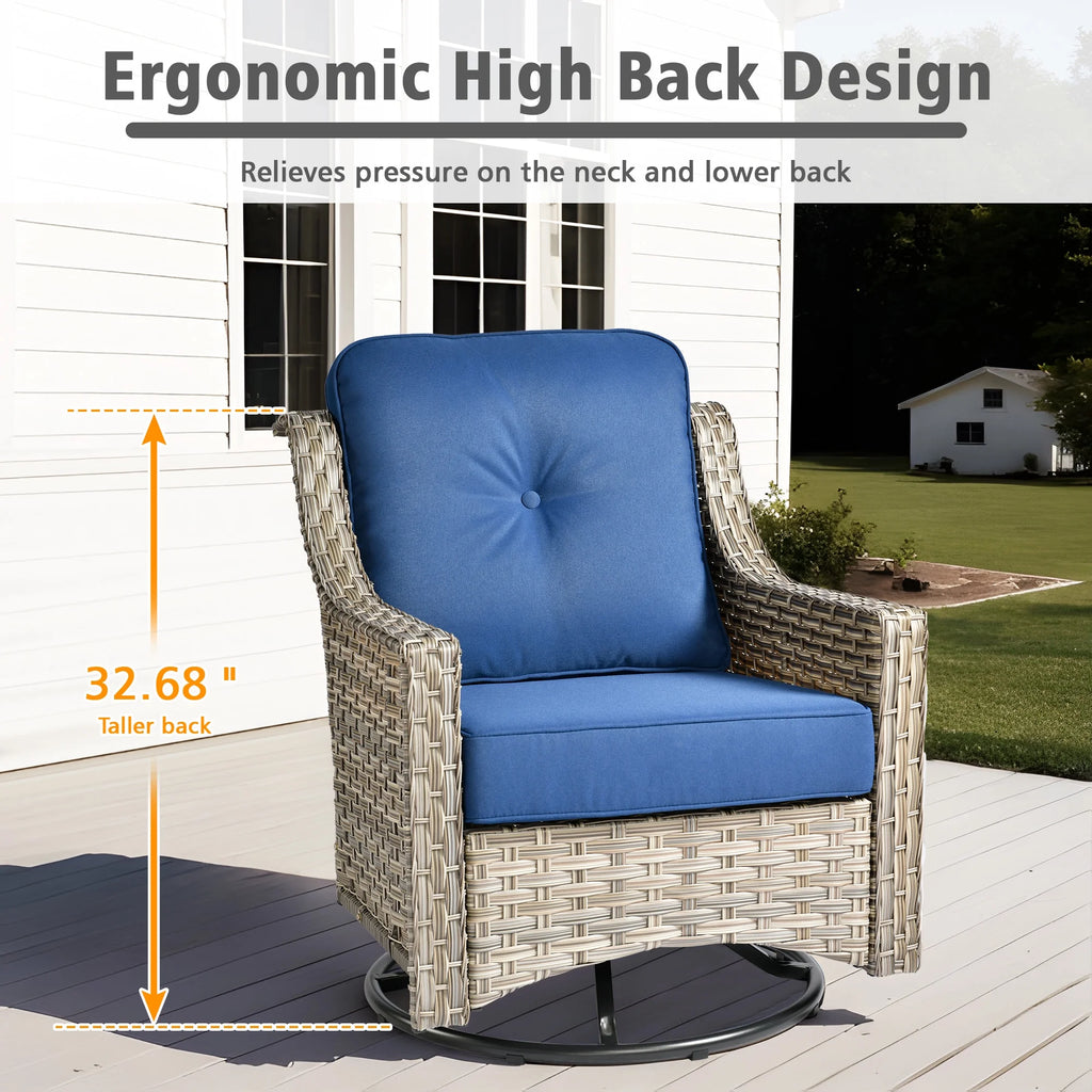 5 Pieces Outdoor Patio Furniture Set High-Back Rattan Wicker Conversation Set Outdoor Sectional with Swivel Chairs & Solar Light Coffee Table, Navy Blue