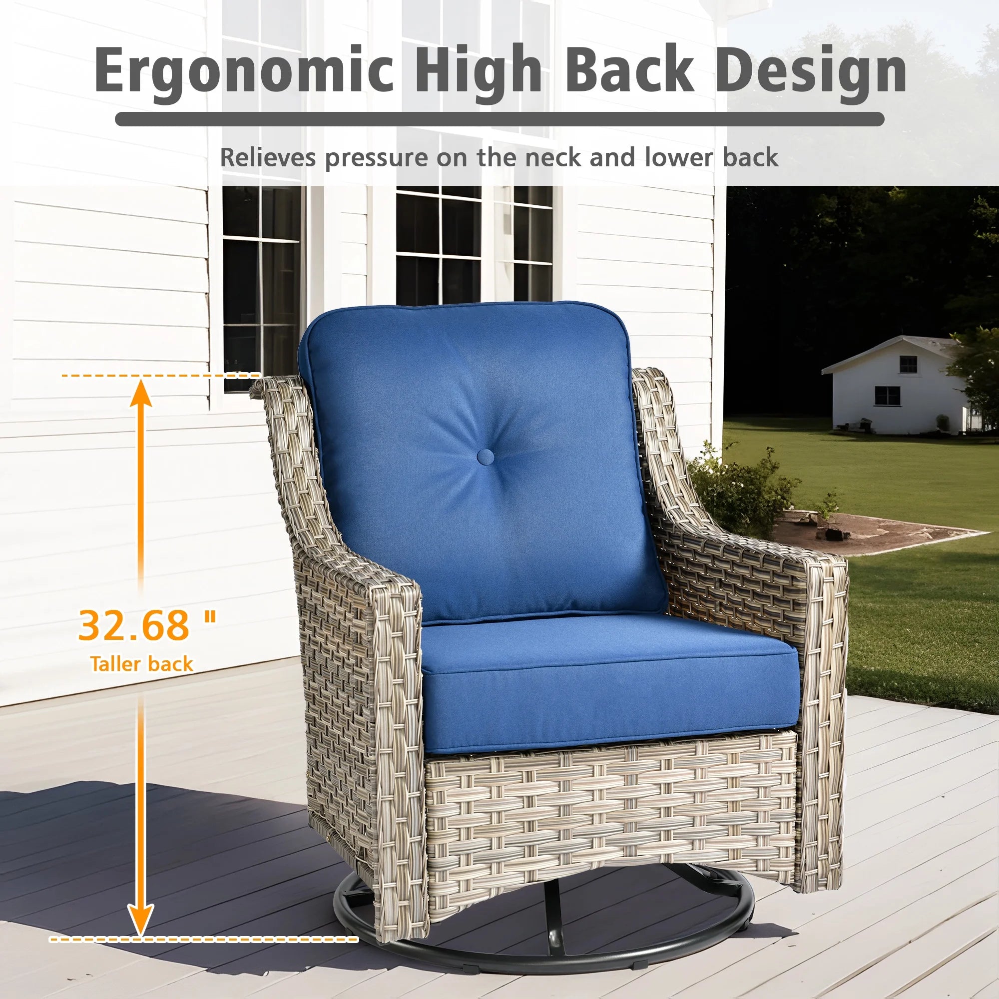 5 Pieces Outdoor Patio Furniture Set High-Back Rattan Wicker Conversation Set Outdoor Sectional with Swivel Chairs & Solar Light Coffee Table, Navy Blue