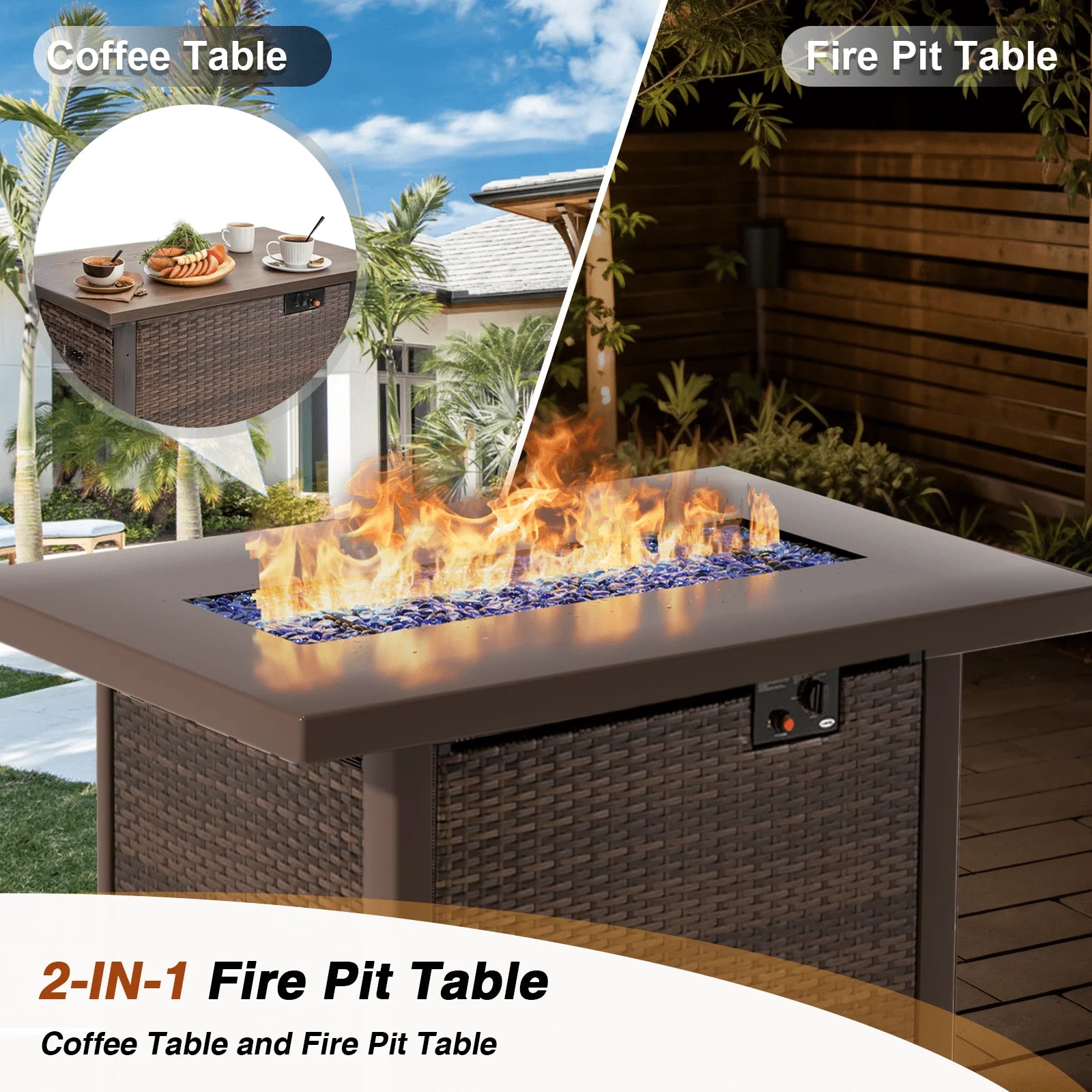 9 Piece Patio Furniture Set with Fire Pit Table, All Weather Outdoor Sectional PE Rattan, Patio Conversation Sets with Cushions and Glass Coffee Table for Garden Lawn Balcony, Grey