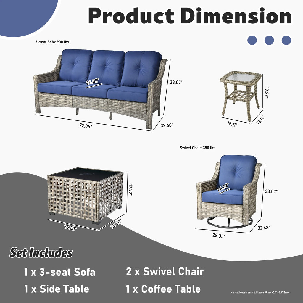 5 Pieces Outdoor Patio Furniture Set High-Back Rattan Wicker Conversation Set Outdoor Sectional with Swivel Chairs & Solar Light Coffee Table, Navy Blue