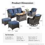 Joyoung Gray 7-Piece Wicker Patio Rectangle Fire Pit Conversation Set with Denim Blue Cushions and Swivel Chairs