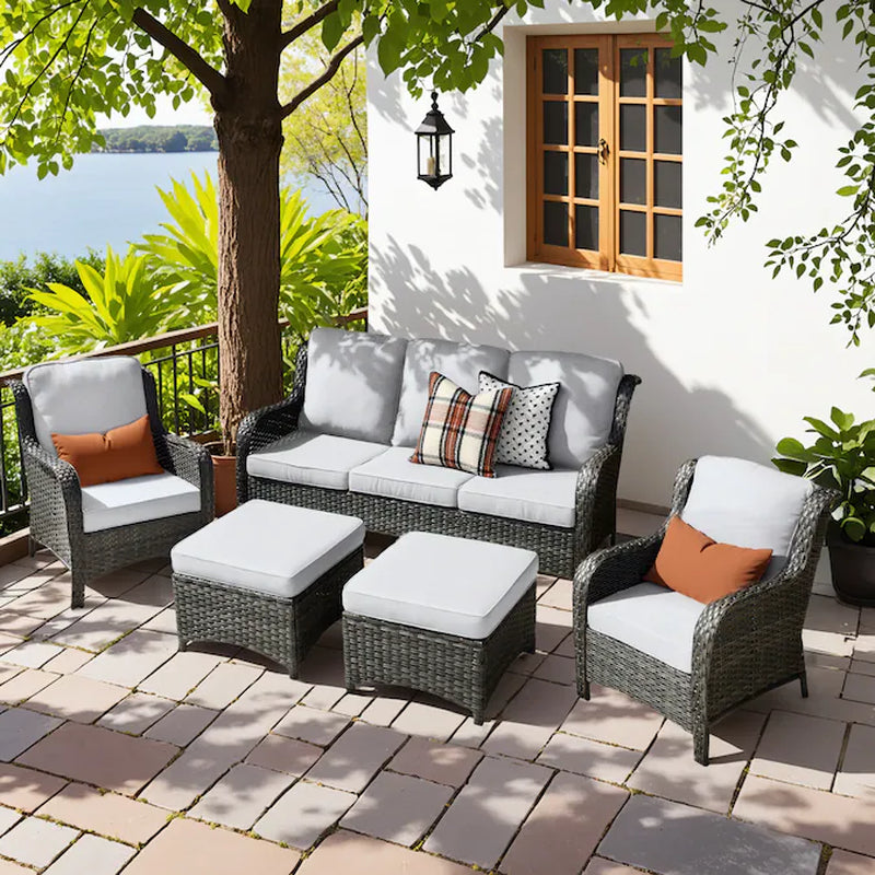 5 -Piece Wicker Patio Sofa Conversation Set with Gray Cushions