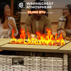 Joyoung Gray 7-Piece Wicker Patio Rectangle Fire Pit Conversation Set with Denim Blue Cushions and Swivel Chairs