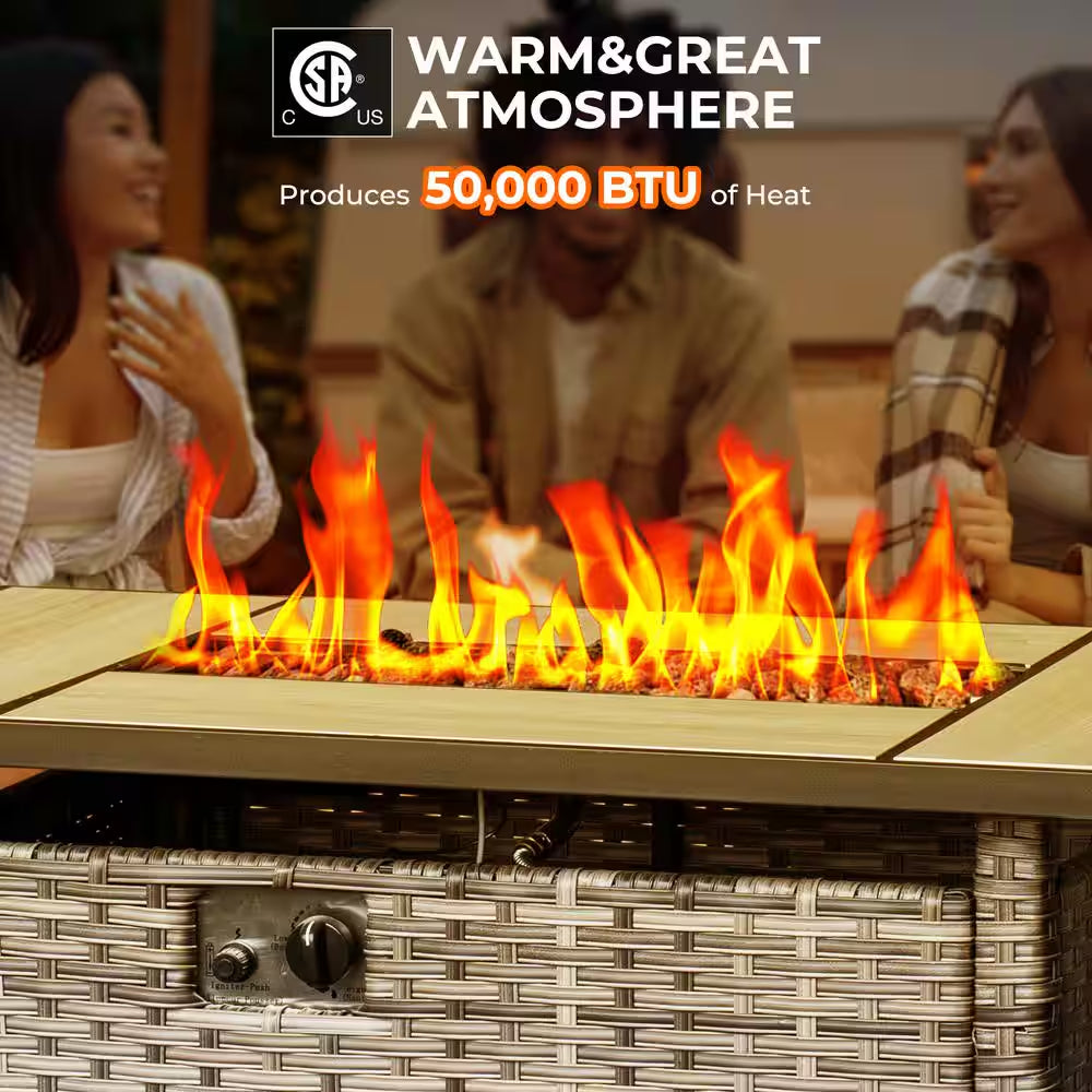 Joyoung Gray 7-Piece Wicker Patio Rectangle Fire Pit Conversation Set with Denim Blue Cushions and Swivel Chairs