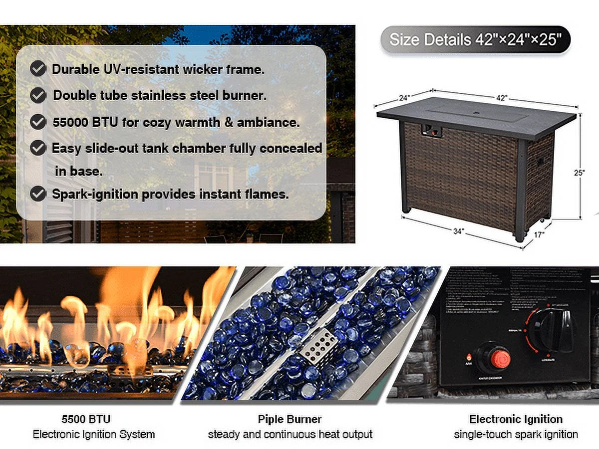 9 Piece Patio Furniture Set with Fire Pit Table, All Weather Outdoor Sectional PE Rattan, Patio Conversation Sets with Cushions and Glass Coffee Table for Garden Lawn Balcony, Grey