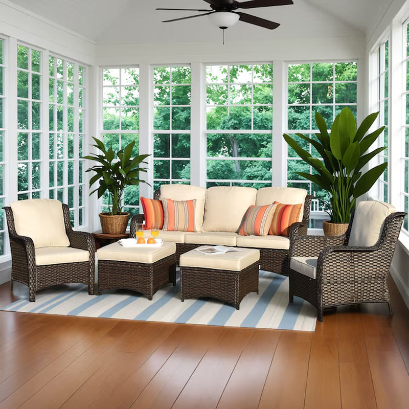 5 -Piece Wicker Patio Sofa Conversation Set with Gray Cushions