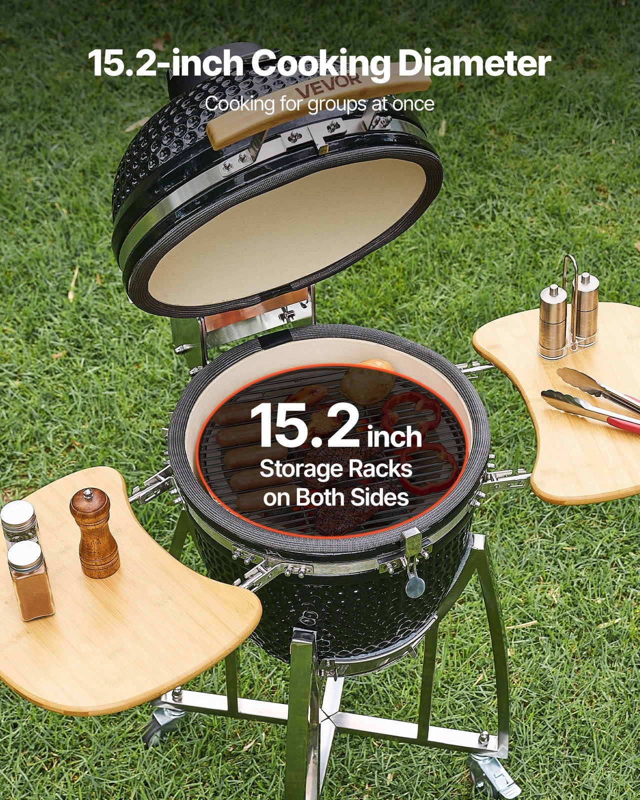 VEVOR Charcoal Grill and Smoker Ceramic BBQ Smokers with 4 Wheels & Thermometer