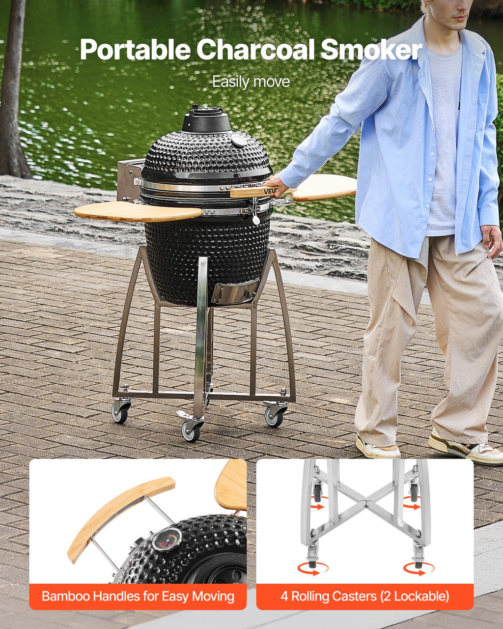 VEVOR Charcoal Grill and Smoker Ceramic BBQ Smokers with 4 Wheels & Thermometer