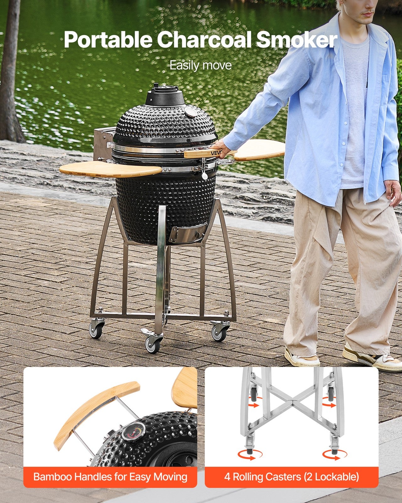 VEVOR Charcoal Grill and Smoker Ceramic BBQ Smokers with 4 Wheels & Thermometer