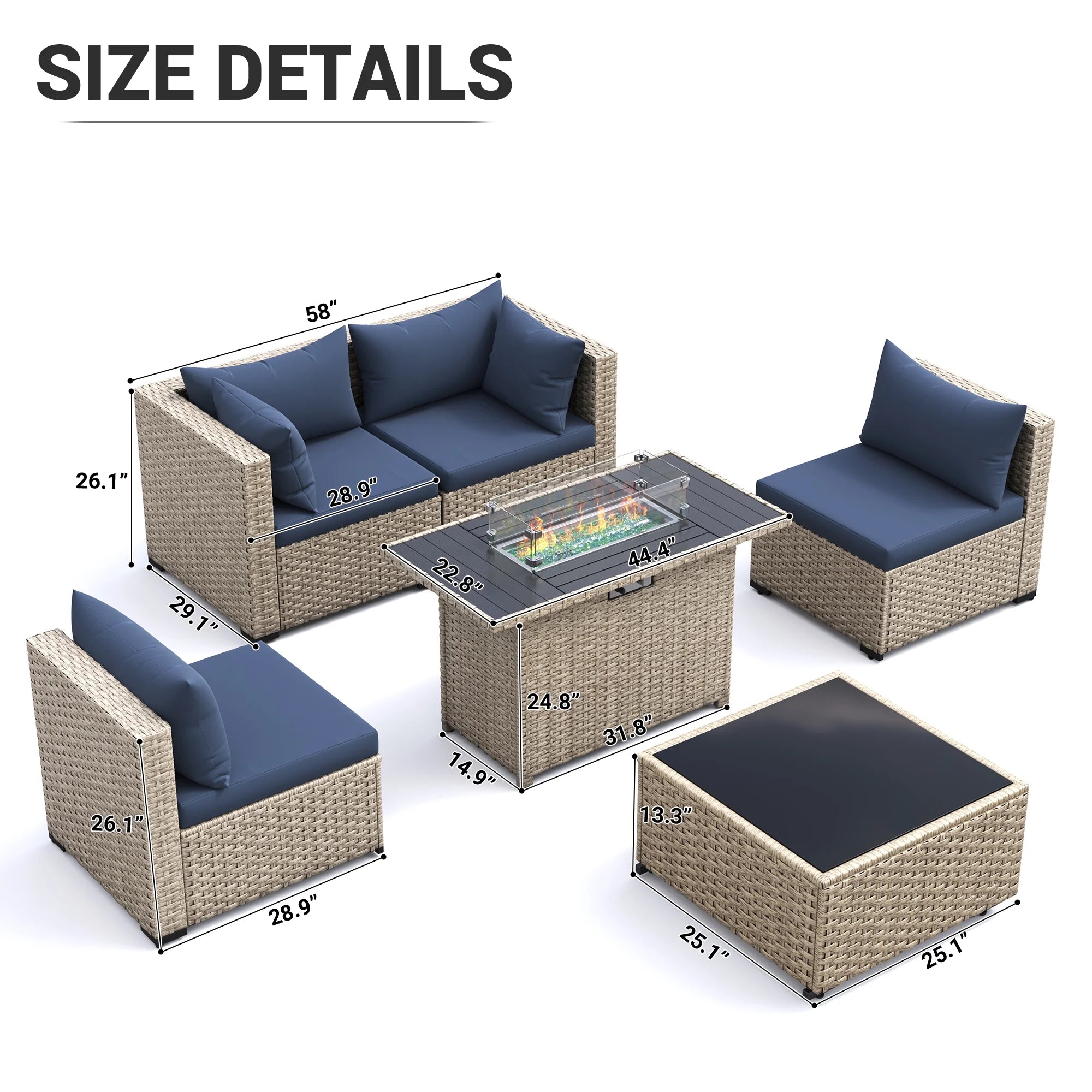 6 Pieces Patio Conversation Set with Firepit, Outdoor Sectional PE Rattan Wicker Furniture Seat,Navy