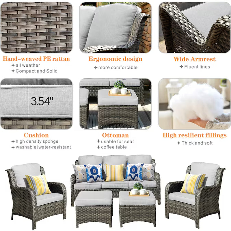 5 -Piece Wicker Patio Sofa Conversation Set with Gray Cushions
