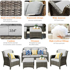 5 -Piece Wicker Patio Sofa Conversation Set with Gray Cushions