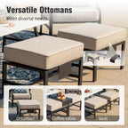 Black Metal Meshed 7 Seat 6-Piece Steel Outdoor Fire Pit Patio Set with Beige Cushions, Black Rectangular Fire Pit Table