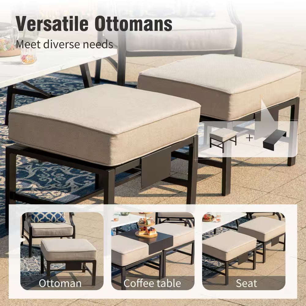 Black Metal Meshed 7 Seat 6-Piece Steel Outdoor Fire Pit Patio Set with Beige Cushions, Black Rectangular Fire Pit Table