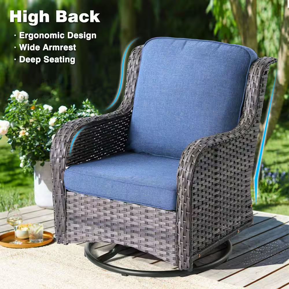 Joyoung Gray 7-Piece Wicker Patio Rectangle Fire Pit Conversation Set with Denim Blue Cushions and Swivel Chairs
