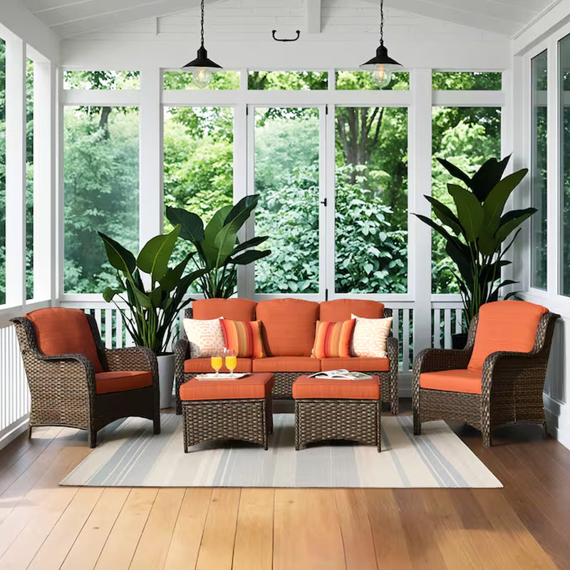 5 -Piece Wicker Patio Sofa Conversation Set with Gray Cushions