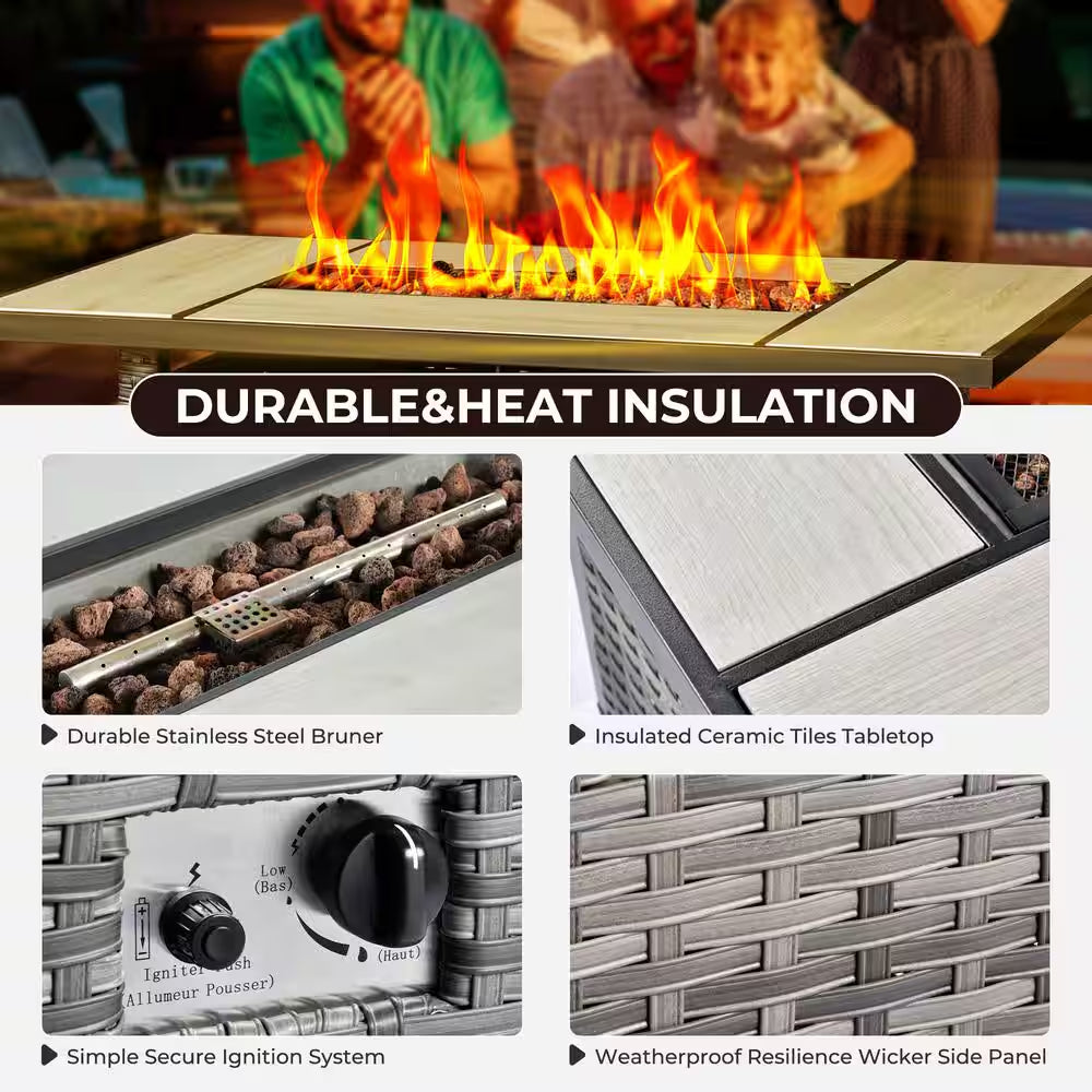 Joyoung Gray 7-Piece Wicker Patio Rectangle Fire Pit Conversation Set with Denim Blue Cushions and Swivel Chairs