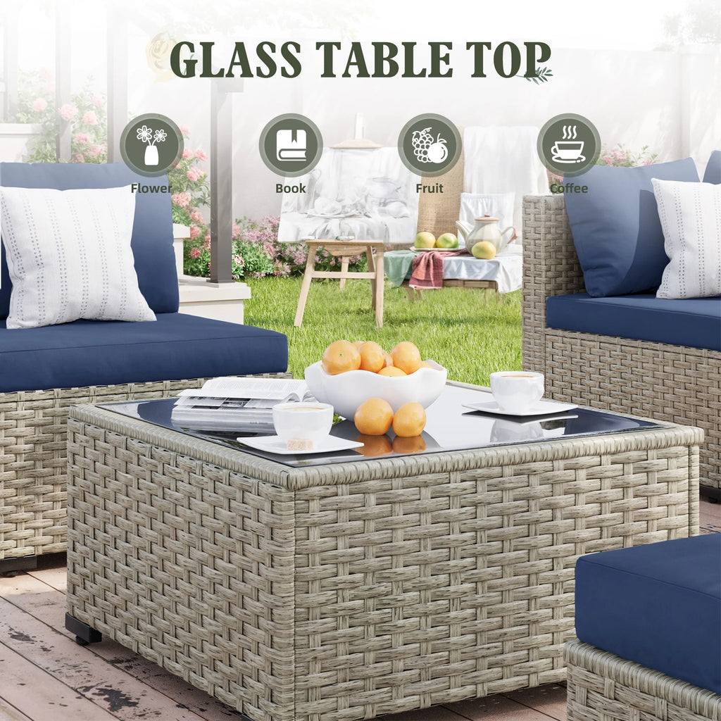 6 Pieces Patio Conversation Set with Firepit, Outdoor Sectional PE Rattan Wicker Furniture Seat,Navy