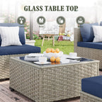 6 Pieces Patio Conversation Set with Firepit, Outdoor Sectional PE Rattan Wicker Furniture Seat,Navy