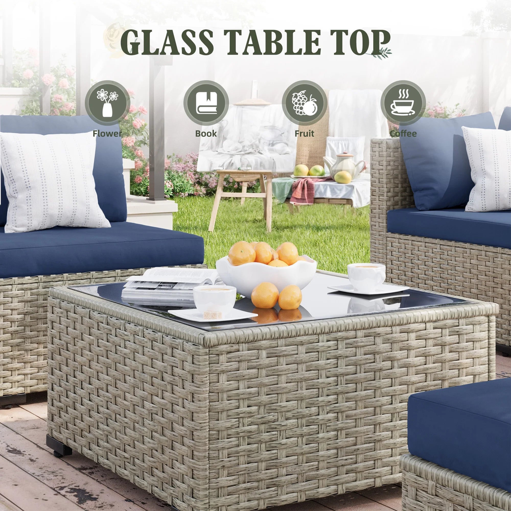 6 Pieces Patio Conversation Set with Firepit, Outdoor Sectional PE Rattan Wicker Furniture Seat,Navy