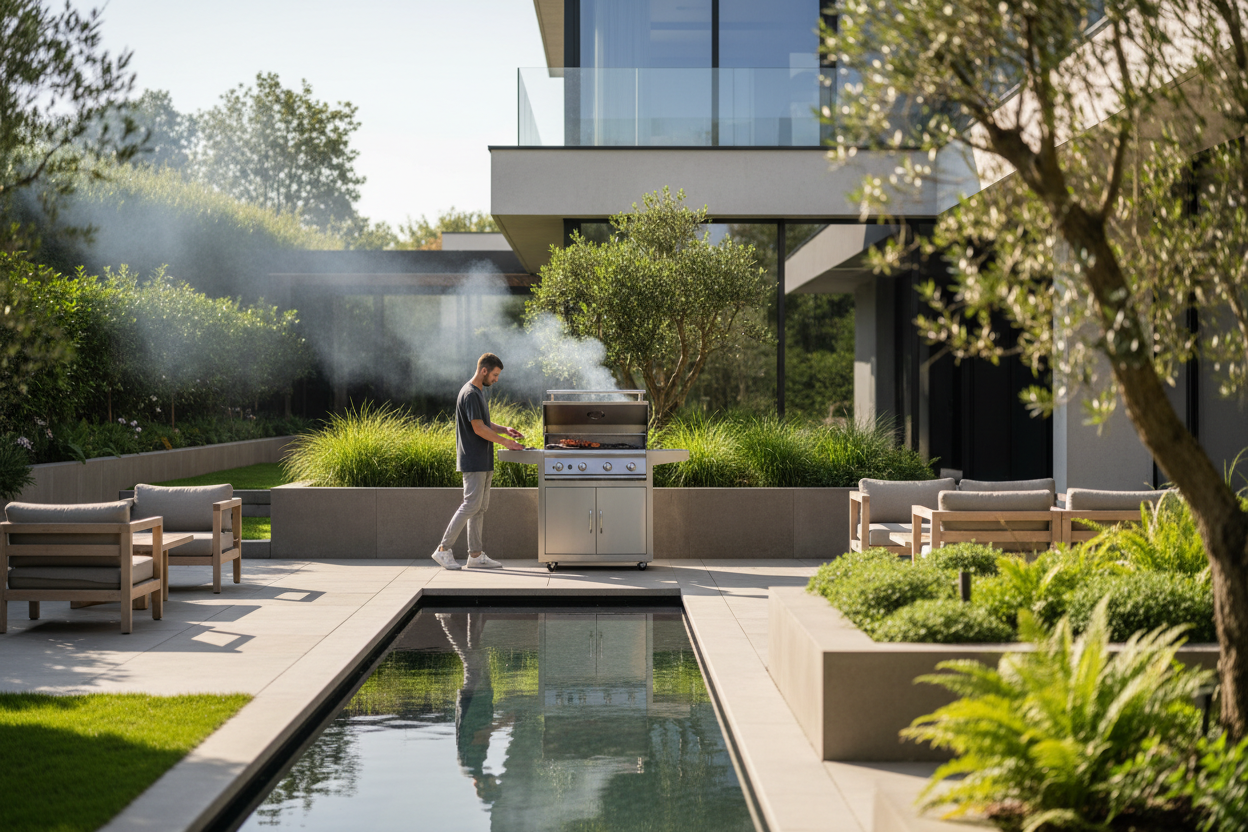 Generate a banner image suitable for a premium online store, but with natural lighting. Feature a  photorealistic "Luxury" vibe of a modern architectural high end light and welcoming relaxing garden with someone making a bbq on a smoker, bbq put or grill, give it silent luxurous vibes as the clear focus.