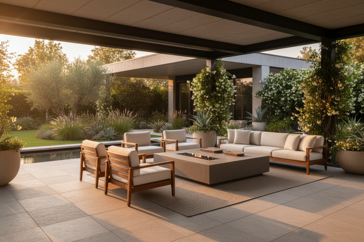 Generate a banner image suitable for a premium online store, but with natural lighting. Feature a  photorealistic "Luxury" vibe of a modern architectural high end light and welcoming relaxing garden with an patio furniture, giving a warm and luxurious feeling as the clear focus.