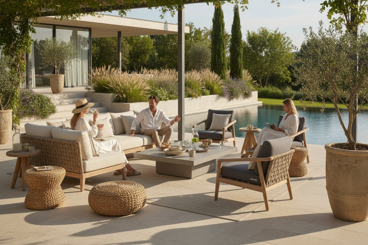 Generate a banner image suitable for a premium online store, but with natural lighting. Feature a  photorealistic "Luxury" vibe of a modern architectural high end light and welcoming relaxing GARDEN WITH A BEAUTIFUL PATIO FURNITURE, PEOPLE HANGING OUT AROUND THEM, THE VIBE IS LUXURIOUS AND COSY as the clear focus.